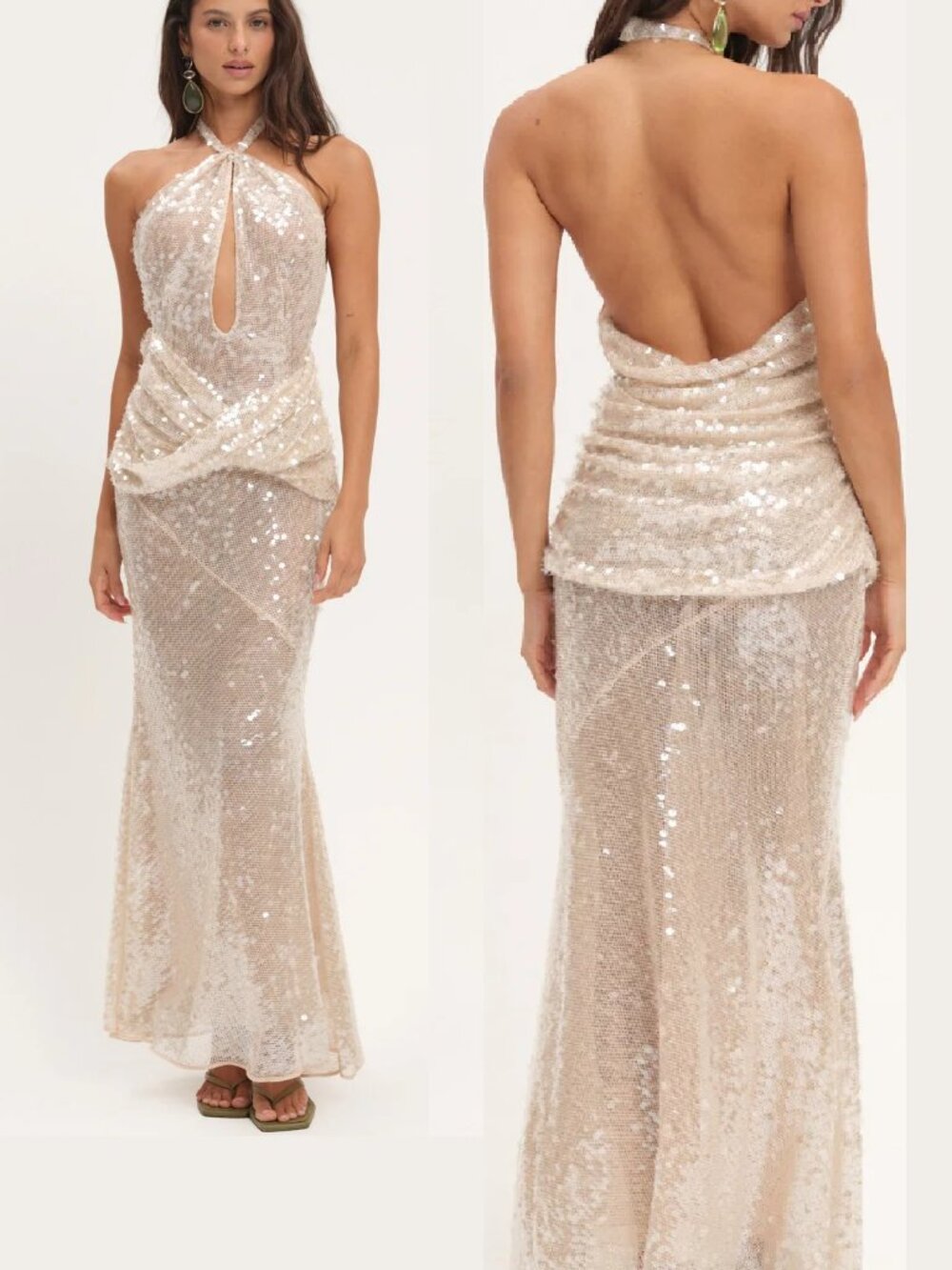 NEW $349 FOR LOVE AND LEMONS SYDNEY SEQUIN HALTER MAXI DRESS SIZE M - Picture 3 of 15